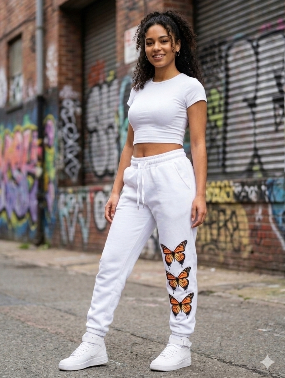 Women’s White Jogger Pants with Orange Butterfly Print